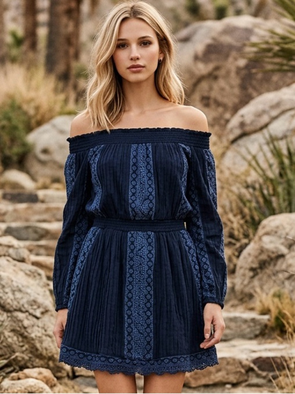 Alice + Olivia Navy BoHo Viscose Lined Smocked Off-Shoulder Mini Dress Size 6